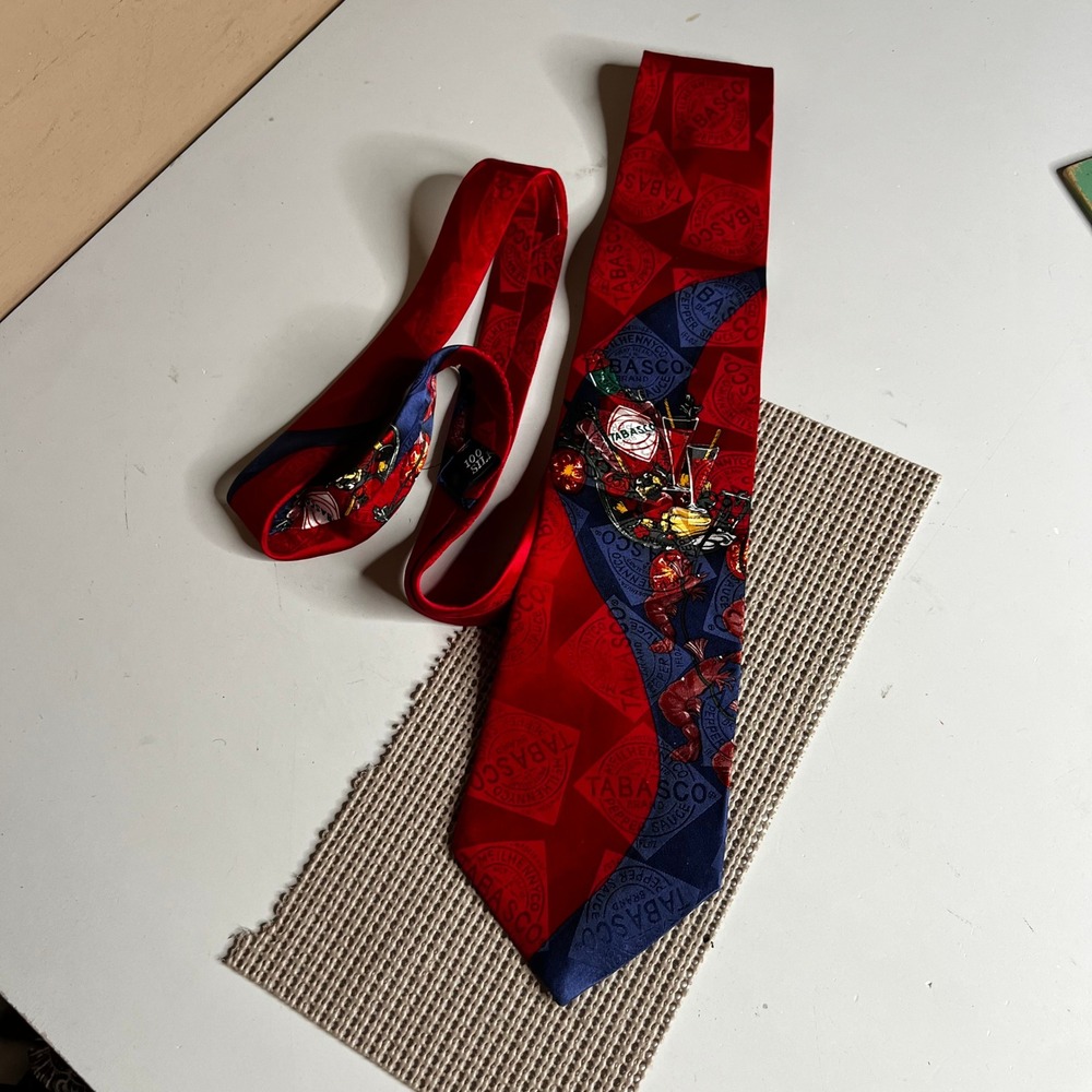 Tabasco Mens Silk Tie Red Blue Bloody Mary Crawfish Logo Graphic Necktie